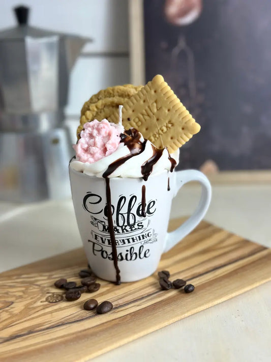 Handgemachte Duftkerze „Coffee Makes Everything Possible“ mit Kaffeearoma und Schokosoße – kramMITcharme