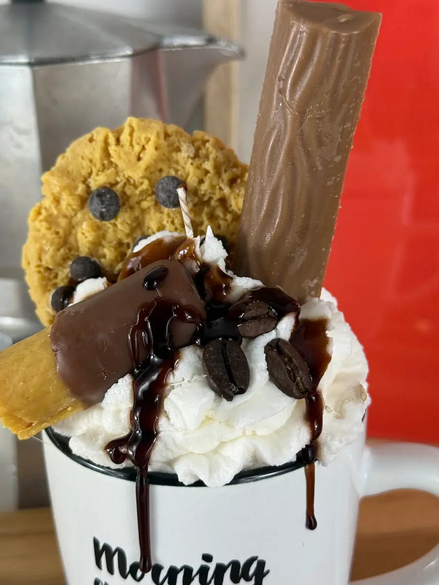 Handgemachte Coffee-Dessertkerze in Kaffeetasse mit Cookie-Topping und Schokoladendekor – kramMITcharme