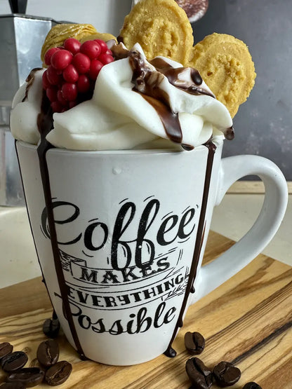 Duftkerze „Coffee Makes Everything Possible“ in weißer Tasse mit schwarzem Schriftzug – kramMITcharme