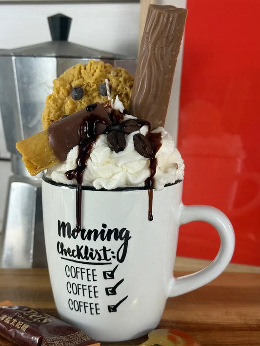 Nahaufnahme der Dessertkerze mit knusprigem Cookie, Schokoriegel und cremiger Sahneoptik – kramMITcharme