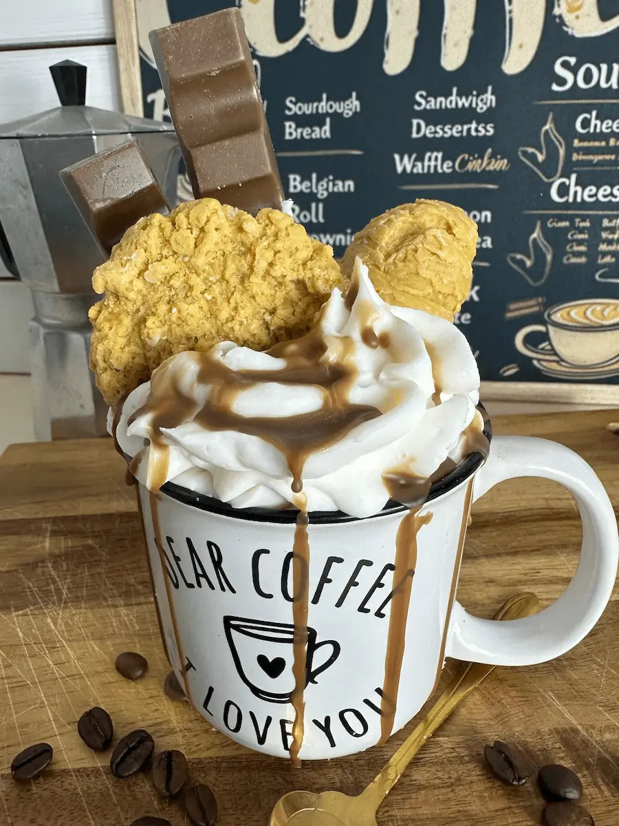 Schrägaufnahme der Duftkerze „Dear Coffee I Love You“ mit cremigem Wachs und Karamelldetails – kramMITcharme