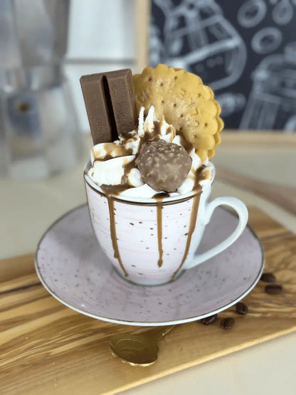 Handgemachte Duftkerze „Kleine Kaffeetasse“ mit Schokoladenriegel, Keks und Sahnewachs – kramMITcharme