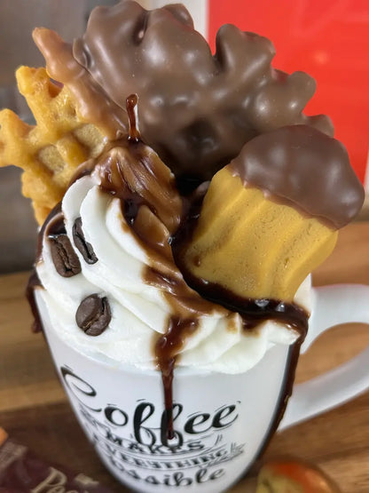 Nahaufnahme der Dessertkerze mit detailreicher Waffel, Schokolade und Sahneoptik – kramMITcharme