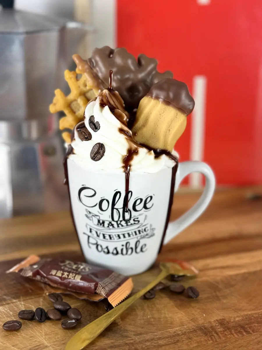 Handgemachte Dessertkerze in Kaffeetasse mit Sahneoptik, Waffel und Schokoladendeko auf Holzuntergrund – kramMITcharme