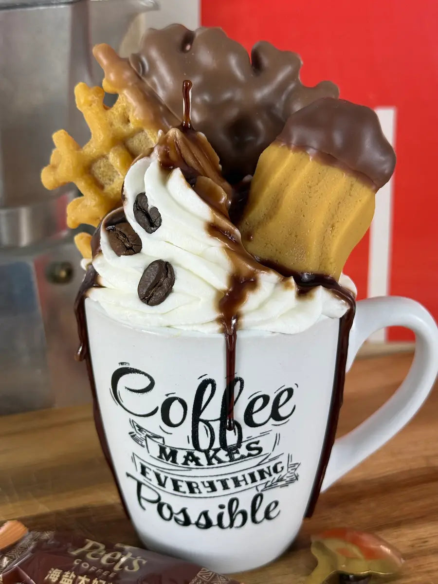 Handgemachte Coffee-Style Dessertkerze in dekorativer Kaffeetasse mit süßem Topping – kramMITcharme